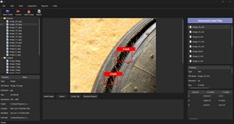 Industrial Vision Labeling Studio showing bounding-box annotations on a tyre image